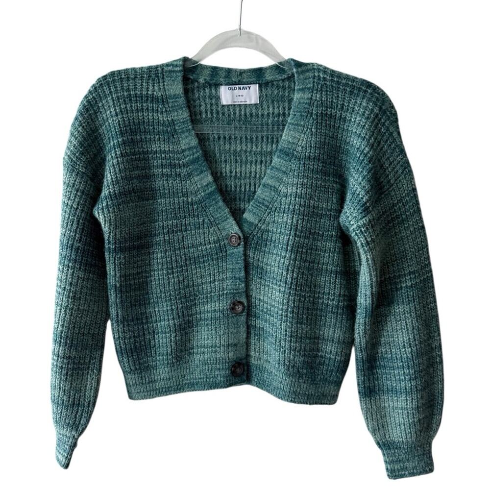 Old Navy Long Sleeve Marled V Neck Button Front Crochet Cardigan Teal L Girls